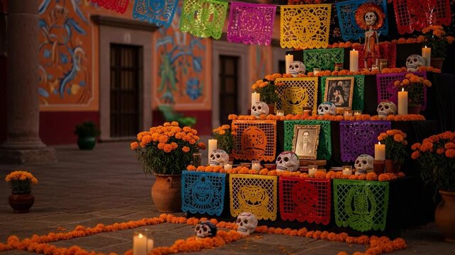 Colorful Mexican Day of the Dead altar in a courtyard. Traditional ofrenda with sugar skulls, marigold flowers, and papel picado.
