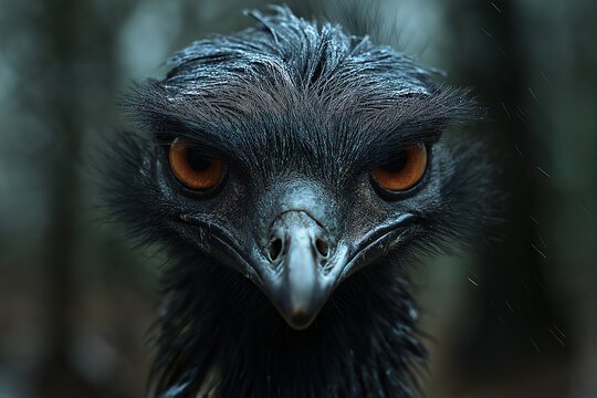 Close-up portrait of an emu bird in the rain with intense eyes and detailed feathers in the wild.
