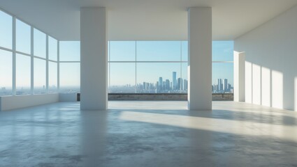 Modern spacious room with large windows offering a cityscape view and natural light.