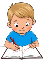 Young boy focused on writing in an open book with a red pencil