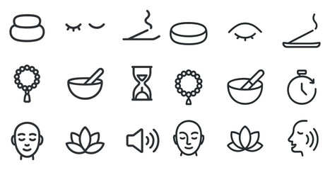 Meditation and wellness line icons set – outline, relaxation, mindfulness symbols