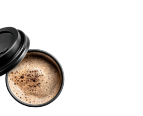 Close-up of a takeaway coffee cup with lid.  Dark, frothy coffee in a black disposable cup