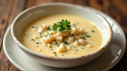 Creamy corn chowder, garnished with parsley, served in a rustic bowl.