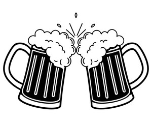 Two beer mugs clinking together toast silhouette