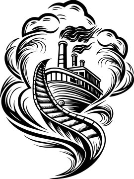 SVG Skeleton Ghost Port Cities in tattoo style. Vintage Steamboat Illustration with Raging Waves and Smoke