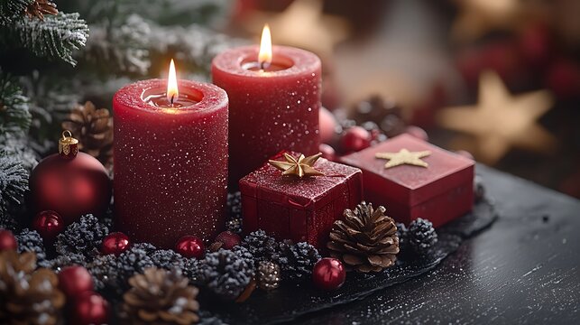 Red glitter candles with festive decorations and pinecones Christmas