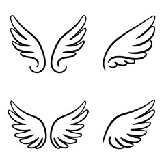 Four Hand Drawn Angel Wing Icons Black Outline On White Background symbol drawing