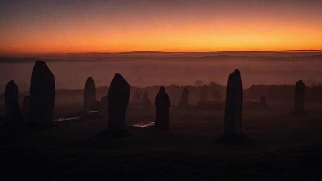 Mysterious cloaked figure in a misty stone circle at sunrise. Ancient pagan ritual with megalithic stones. Fantasy landscape with a druid silhouette.
