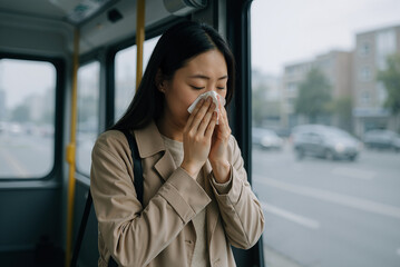 Young asian woman sneezing into tissue on public bus during urban commute in rainy weather, conveying health and hygiene awareness