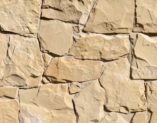 Fototapeta premium Detailed close-up of a rustic natural stone wall featuring irregular beige sandstone blocks, perfect as a textured background.