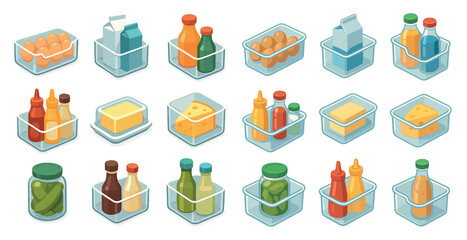Food and drink isometric icons set &ndash; grocery, kitchen essentials and pantry symbols