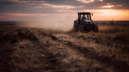 Obraz premium Farmer driving tractor across field at sunset