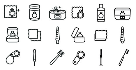 Jewelry cleaning line icons set – outline, care, maintenance and polish symbols