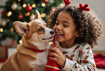 Joyful young girl with curly hair laughing with adorable corgi puppy under festive Christmas tree with lights and decorations during holiday season