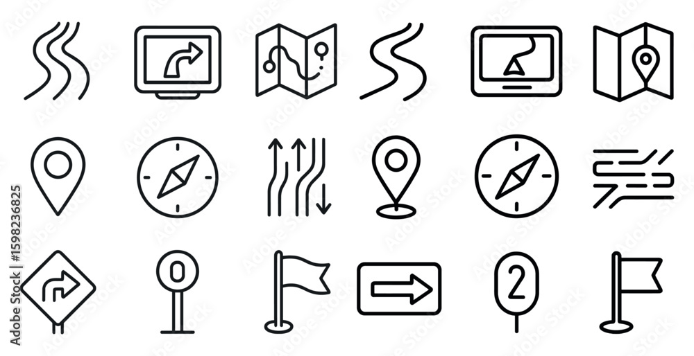 Poster navigation and maps line icons set – outline, linear, wayfinding and location symbols