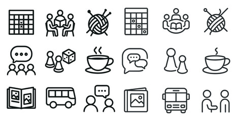 Community activities line icons set – flat, outline, social and leisure symbols