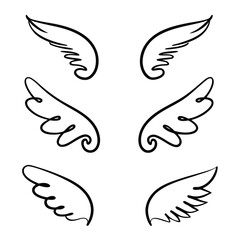 Six black outline angel wings on a white background drawing
