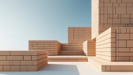 Fototapeta premium A modern architectural scene with brick structures and stairs, featuring clean lines and geometric shapes.