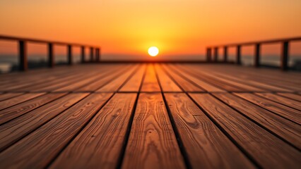 A wooden deck stretches toward the horizon, bathed in warm sunset light with a soft glow.