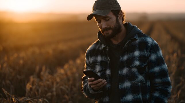 Farmer checking weather app on smartphone in field