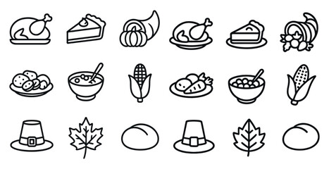 Thanksgiving and harvest outline icons set – linear, festive, autumn symbols