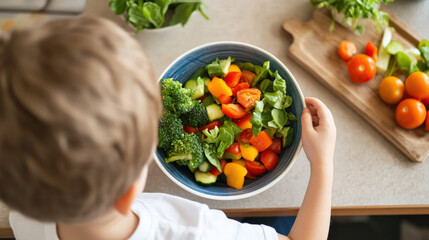 Child holding bowl with fresh vegetable salad and colorful tomatoes on kitchen table