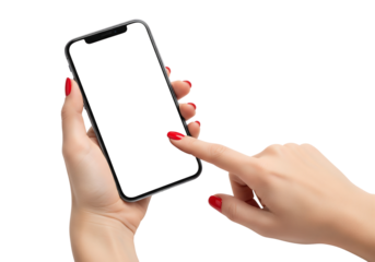 Woman hands with red nails holding smartphone with blank screen. Isolated on transparent background, png