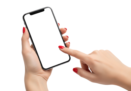 Woman hands with red nails holding smartphone with blank screen. Isolated on transparent background, png