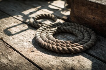 Fototapeta premium Coiled rope on boat deck. Sunlight casts shadow. Use for nautical themes