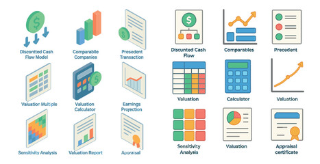 Finance and appraisal flat icons set – valuation, analysis, business symbols