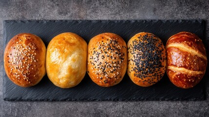 Assorted freshly baked bread rolls with seeds on slate board.