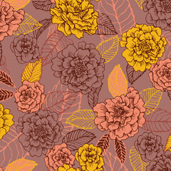 Floral Illustration with Marigolds and Leaves