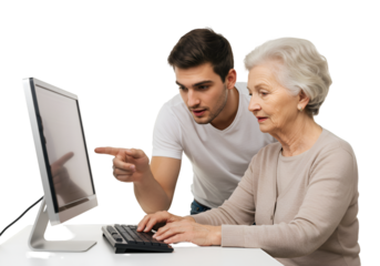 Photo of Young Man Assisting Elderly Woman with Computer on Transparent Background