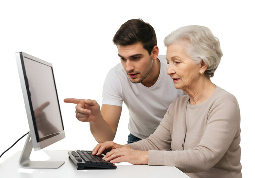 Photo of Young Man Assisting Elderly Woman with Computer on Transparent Background