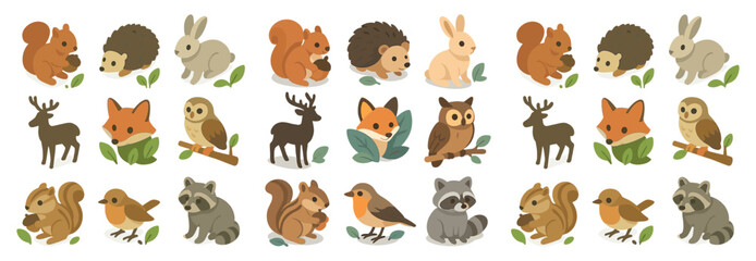 Fototapeta premium Woodland animals flat icons set – cute, nature, wildlife symbols