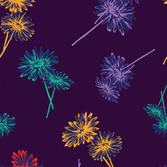 Floral Burst Hand-Drawn Daisy Illustration on Dark Purple