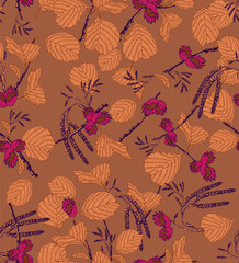 Hazelnut Branch Illustration on Brown Botanical Floral Composition