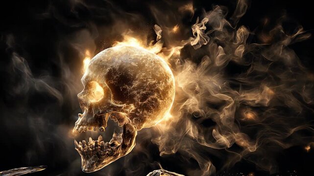 Fiery Skull Erupting with Flames and Smoke in Dark Background