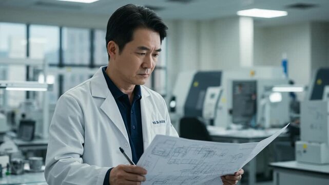 Focused middle-aged Asian male engineer in a lab coat carefully reviewing technical drawings and blueprints in a modern factory or laboratory. Scientist at work.