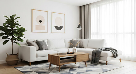 Modern living room with sectional sofa and geometric art image
