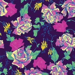 a pattern with pink and purple roses on a dark background