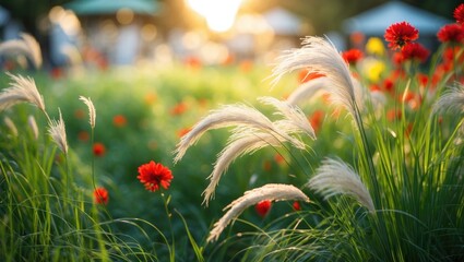 A vibrant garden scene with red flowers and tall, white ornamental grasses bathed in warm sunlight.