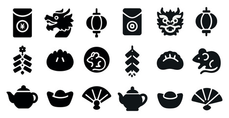 Chinese new year solid icons set – symbol, silhouette, festival elements collection