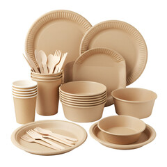 Realistic Photo of Disposable Eco Friendly Tableware Set on Transparent Background
