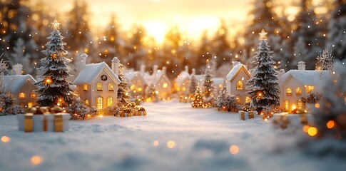 Snowy village with illuminated houses and festive trees winter