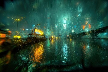 Obraz premium Rainy Night Cityscape View Through Car Window