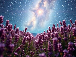 A stunning lavender field at night with a glowing Milky Way, ultra-realistic, vivid purple tones, HDR lighting, and cinematic atmosphere, perfect for commercial and creative projects.