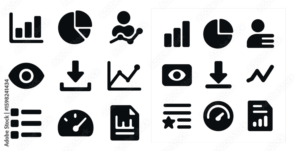 Poster business and analytics solid icons set – 3d, filled, charts and data visualization symbols