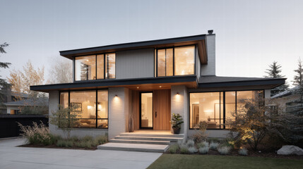 Modern two story house with warm interior lighting and landscaped garden at dusk