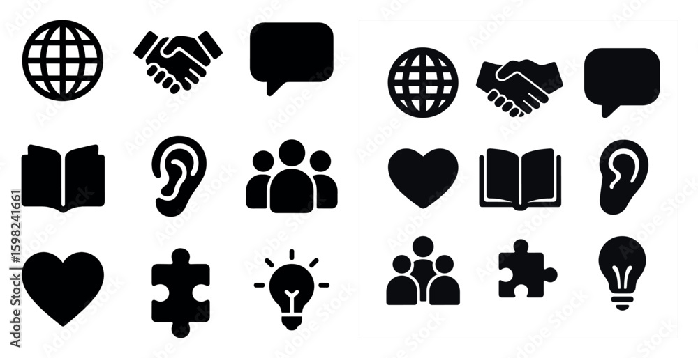 Poster communication and connection icons set – solid, silhouette, interaction symbols